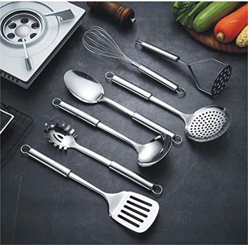 Berglander Cooking Utensil Set 8 Piece, Stainless Steel Kitchen Tool Set with Stand,Cooking Utensils, Slotted Tuner, Ladle, Skimmer, Serving Spoon, Pasta Server,Potato Maseher, Egg Whisk. （8 Pieces）
