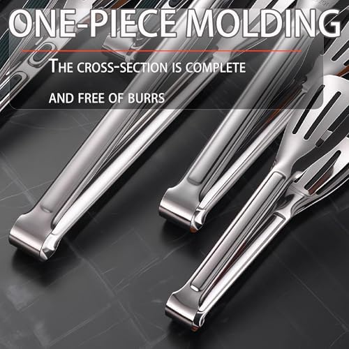 Stainless Steel Kitchen Tong Set - Anti-Slip Heat-Resistant Grip, Widened 3-Line Slotted Heads for Easy Clamping (Steaks, BBQ, Pasta, Salads), Easy Clean for Versatile Use Set of 3-6", Silver