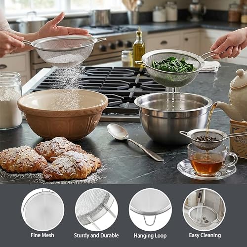3 PCS Fine Mesh Strainer, Metal Wire Sieve with Handlle for Kitchen Sifting