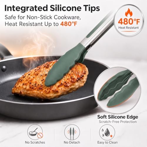 Kitchen Tongs with Silicone Tips, Locking Cooking Tongs, Set of 3