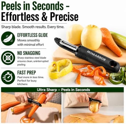 Black Premium Vegetable Peeler | Ultra-Sharp Swivel Stainless Steel Blade | Ergonomic Soft Grip Handle | Mango Peeler | Dishwasher Safe | Skin Peeler for Veggies & Fruits | Potato Peeler & Eye Remover