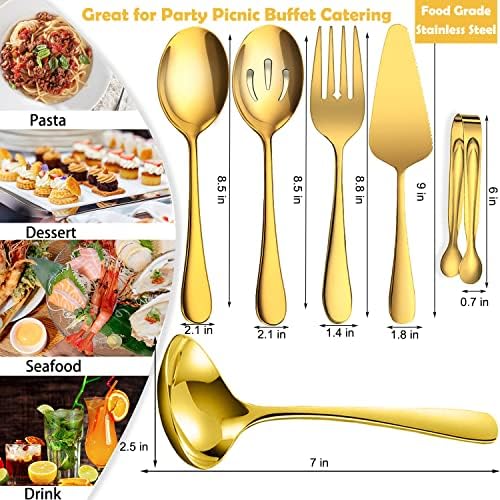 6 PCS Stainless Steel Serving Utensils, Large Serving Spoons Slotted Spoons, Forks, Ice Suger Tongs, Cake Server, Soup Ladle, Metal Utensils Set Great for Buffet Catering Banquet Party, Gold