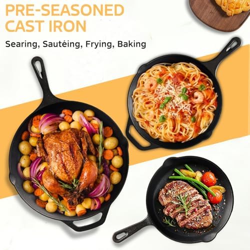 EWFEN Cast Iron Skillet 8 Inch, Pre-Seasoned Frying Pan, Heavy-Duty Professional Restaurant Chef Quality Cookware with Drip Spout, Indoor & Outdoor Use, Compatible with Oven, Stove, Grill & Campfire