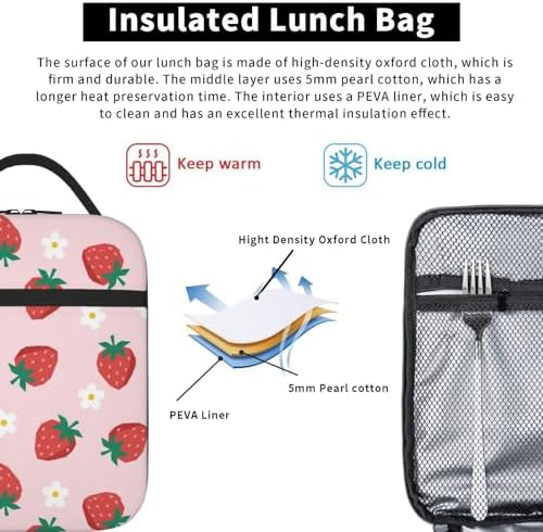 Cute Strawberry Insulated Lunch Box for Kids, Small Cooler Lunch Bag lunchbox for School, Toddler Lunch Box for Girls, Waterproof Durable Portable Lunch Tote Bag Food Container for Travel Picnic Work