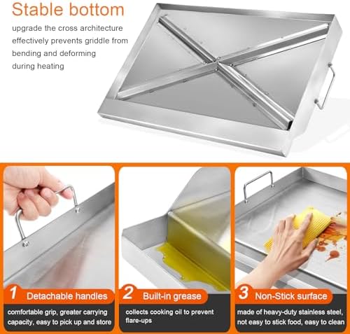GGC Universal Griddle for Gas Grills, 25" x 16" Flat Top Griddle Plate for Gas Stove, Stainless Steel Griddle for Camping Stove, Nonstick Cooking Griddle for Charcoal, Tailgating, Parties