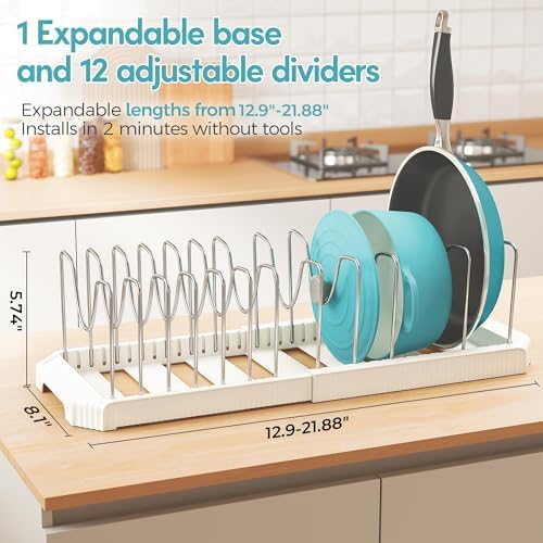 Expandable Pan Organizers Inside Cabinet with 12 Dividers White