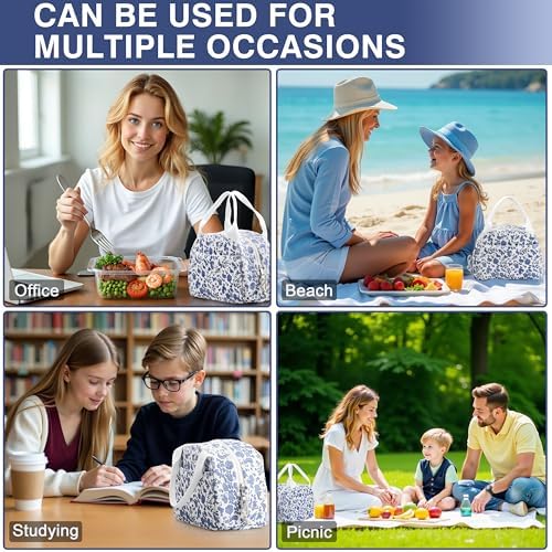 TESAFNG Lunch Bag - Insulated Lunch Box for Women, Reusable Large Capacity Cooler Bag for Adult, Small Leakproof Cute Corduroy Lunch Tote for Work Office Travel Picnic (Corduroy Navy Blue-Flower)