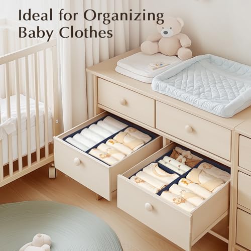 DIMJ Drawer Organizers Clothes, Set of 16 Dresser Organizer Bins, Fabric Closet Organizers and Storage, Shallow Drawer Dividers for Nursery, Clothing, Baby Clothes, Socks, Underwears, Tie (Navy Blue)