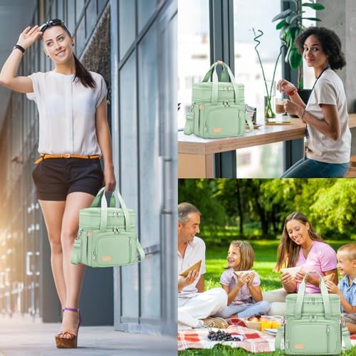MAPLELILY Lunch Box for Men Women - Double Deck Insulated Lunch Bag, Large Leak Proof Tote Cooler, Wide Open Dual Compartment Lunch Bags with Shoulder Strap, For Work Picnic Hiking Beach, Green