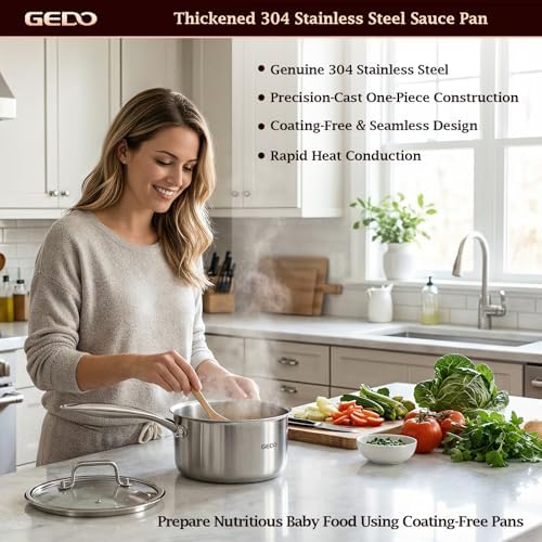 GEDO 3-Ply 304 Stainless Steel Saucepan with Lid, One-Piece Rivet-Free & Seamless Design, Angled Spout & Heat-Resistant Handle, Universal Stovetop Compatible for Indoor Cooking (6.3in / 16cm Size)