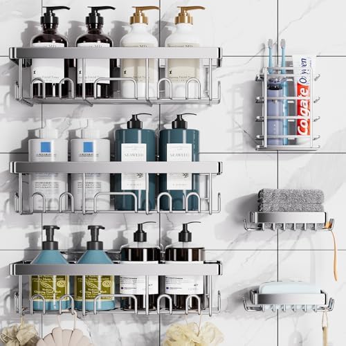 Veken Shower Caddy 6-Pack, Bathroom Organizers and Storage, Matte Silver