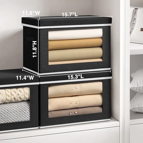 Homsorout Storage Bins with Lids, 4 Pack Large Storage Cubes with Window, Closet Bins with Lids & Handles, Fabric Box for Organizing Clothes, Towels, Books, Black