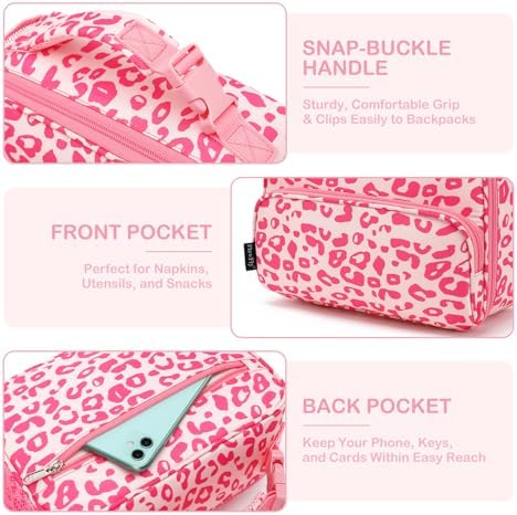 FlowFly Kids Lunch box with buckle Insulated Cooler Back to School Thermal Meal Tote Kit for Girls, Boys, Pink Cow