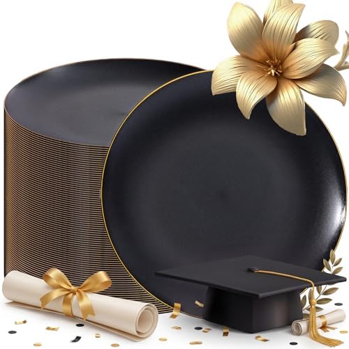 EjonirInjonir 80 Heavy Duty Gold Black Plastic Plates for Party 10.25 Inch