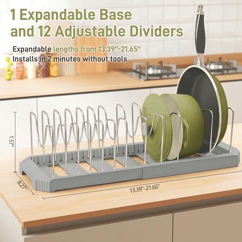 Expandable Pan Organizers Inside Cabinet with 12 Dividers Grey