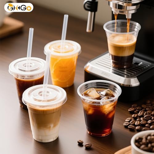 Ginkgo 100 Pack 12 oz Plastic Iced Coffee Cups with Lids and Straws