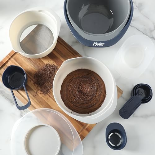 Oster 12 Piece Nesting Mixing Bowl Set, 3 Bowls with Lids & 6 Measuring Cups, Non-Slip Bases, Pour Spouts, Space-Saving Kitchen Prep Set, Dishwasher Safe
