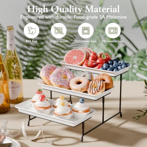 Bumusty 3-Tier Melamine Serving Tray Set, 11.5 x 5.6 in, Black Stand
