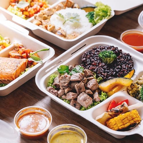 Freshware Clamshell Food Containers with Lids [9x9" 100-Pack] Disposable To Go Containers, Biodegradable Sugarcane To Go Boxes - Paper Food Container - Microwave & Freezer Safe, Stackable