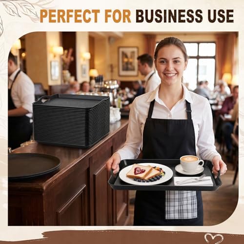 Kathfly 12 Pack 16" x 11" Serving Trays with Handles, Plastic Tray, Black