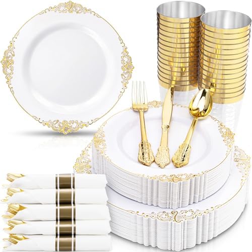 Nervure 350Pcs Gold Plastic Plates, Disposable Dinnerware Set for 50 Guests