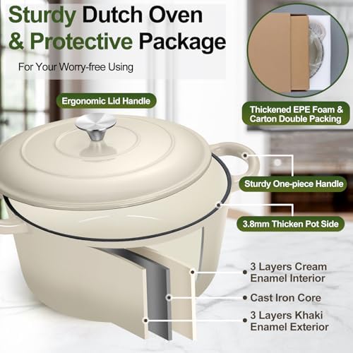 P&P CHEF 7QT Enameled Dutch Oven, Dutch Oven Pot for Bread Baking, Khaki