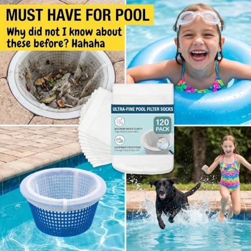 120 Pack Pool Filter Socks for Skimmer Baskets, Ultra Fine Mesh Reusable Pool Skimmer Socks for Above Ground and Inground Pools, Catches Debris, Leaves, Hair, and Branches