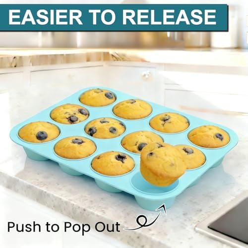CAKETIME Silicone Muffin Pan, Regular Size 12 Cups Non Stick Cupcake Pan for Baking, Light Blue