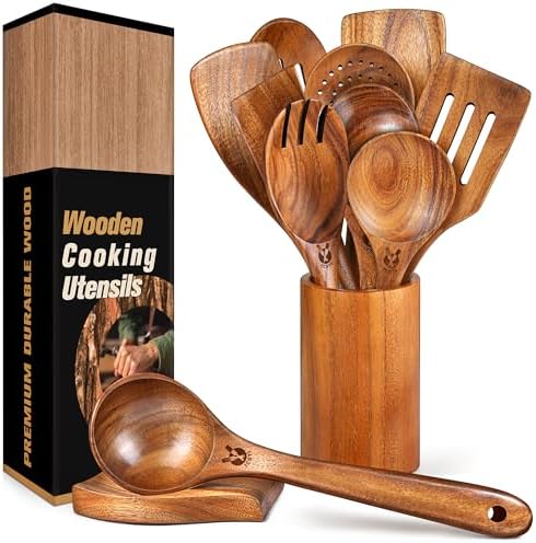 12Pcs Soft Grip Teak Wooden Utensil Set, Durable Spoons for Family Kitchen