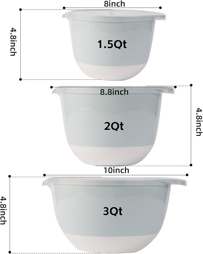 3 Plastic Mixing Bowls with Lids,Pour Spout,TPR Bottom,Mixing Bowl Set,3Qt,2Qt,1.5Qt,Deep Nesting Batter Bowl for Serving,Prep,Baking,Non Slip,Dishwasher Safe,Easy to Grip/Spout,Pale Blue