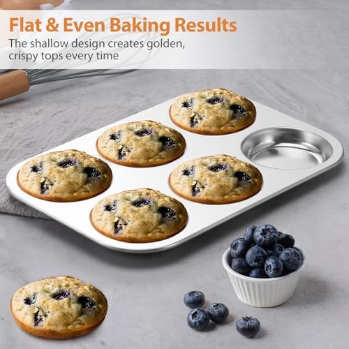 E-far Muffin Top Pan, Stainless Steel 6-Cavity Shallow Cupcake Pan for Baking Whoopie Pie, Yorkshire Pudding, Eggs, Cornbread, Drop Cookies, Non-toxic & Standard Size, Oven & Dishwasher Safe