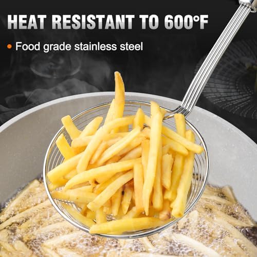 Walfos Spider Strainer, Set of 2-5.5 Inch Stainless Steel Fryer Scoop & 4 inch Fat Skimmer Spoon, Kitchen Spider Skimmer Strainer With Handle, For Cooking Deep Fryer, Pasta, Egg,Fat