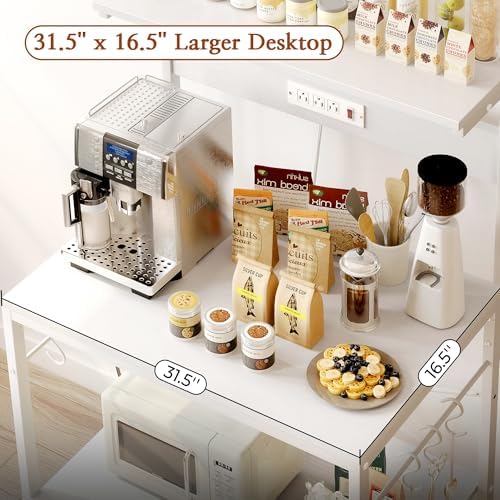 SUPERJARE Bakers Rack with Power Outlets, Microwave Stand, 31.5 X 16.5 Inch Larger Desktop, Kitchen Storage Rack with Adjustable Middle Shelf, 6 S-Shaped Hooks, Coffee Bar Stand, White
