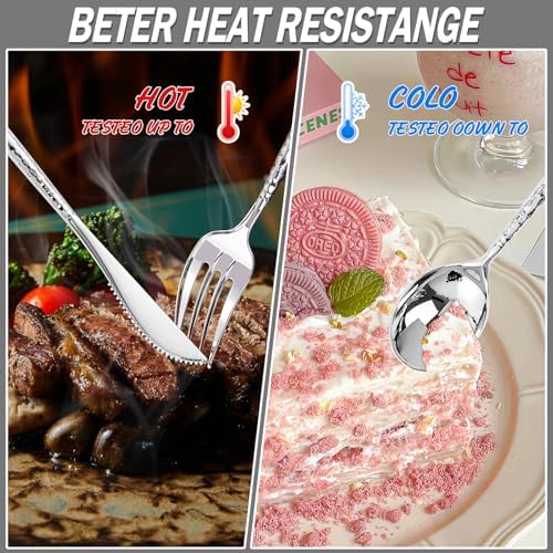 SUT 150PCS Silver Plastic Silverware, Disposable Utensils, Includes 50 Knives, Forks and Spoons, Hammered Silverware Set, Silver Cutlery. Plastic Silverware Heavy Duty for Party/Wedding