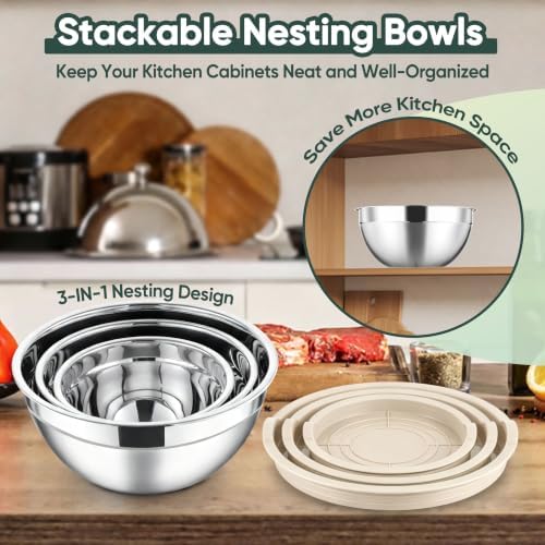 Herogo Stainless Steel Mixing Bowls with Lids Set of 3, 1.5/3/4.6Qt, Khaki