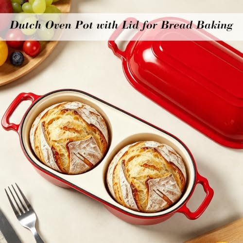 Double Dutch Oven for Sourdough Bread Baking, Enameled Cast Iron Bread Pot with Lid, Double Round Loaf Space, 500F Oven Safe, Non Stick Mini Loaf Pans for Homemade Cake Meatloaf