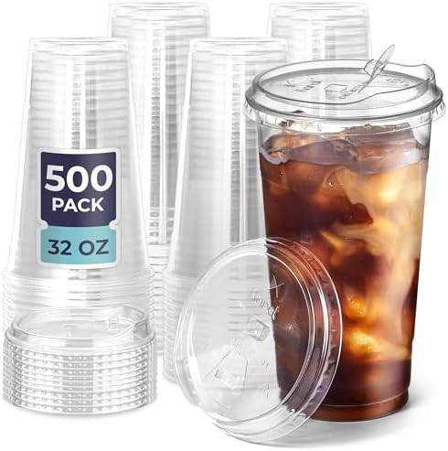 Fit Meal Prep 500 Pack 32 oz Clear Plastic Cups with Strawless Sip Lids, Disposable Plastic Coffee Cups with Lids, To Go Cup for Iced Coffee, Smoothies, Party Drinks, Soda, Bubble Tea, Cold Beverage