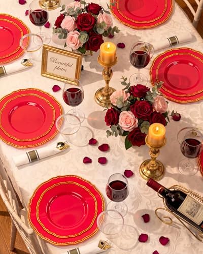 Hioasis 350 Pcs Red Gold Plastic Plates Wedding & Party