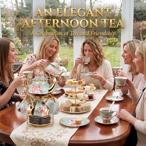 Zhehao 20 Pcs Porcelain Tea Set for Adult, with Metal Holder, Fresh