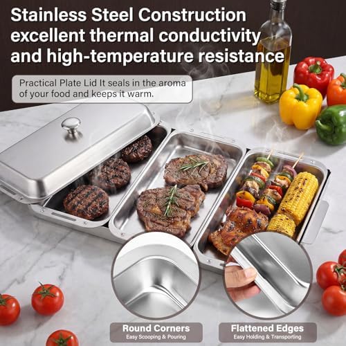 BBQ Vegetable Grill Basket Set, 4 Piece Stainless Steel Grill Pan Set with Universal Handle & lid, Dishwasher Safe, for Outdoor Cooking, Camping, Picnic, For Grilling Fish Veggies & Meats