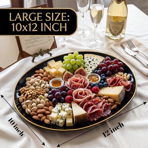 WDF 6PACK Black Oval Plastic Plates - 10"x12" Black and Gold Disposable Platters - Heavy Duty Serving Trays for Party/Birthdays/Catering/Weddings/BBQ