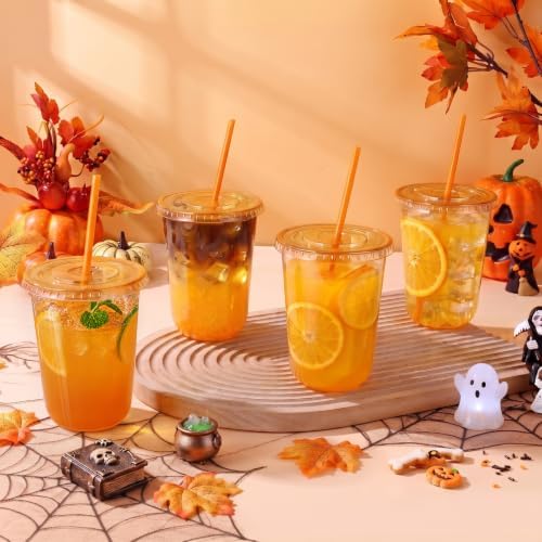 tchrules 100 Set 16oz Orange Plastic Iced Coffee Cups with Lids & Straws