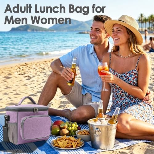 FlowFly Insulated Reusable Lunch Bag Adult Large Lunch Box for Women and Men with Adjustable Shoulder Strap,Front Zipper Pocket and Dual Large Mesh Side Pockets,Purple
