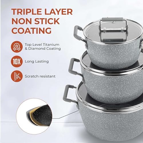 Granitestone Gray Pots and Pans Set Nonstick, 6 Stackable Piece Cooking Pots Set, Kitchen Pots, Non Stick Coating, 5qt 3qt & 1.5qt Pots with Lids, Stay Cool Handles Dishwasher Safe 100% Toxin Free