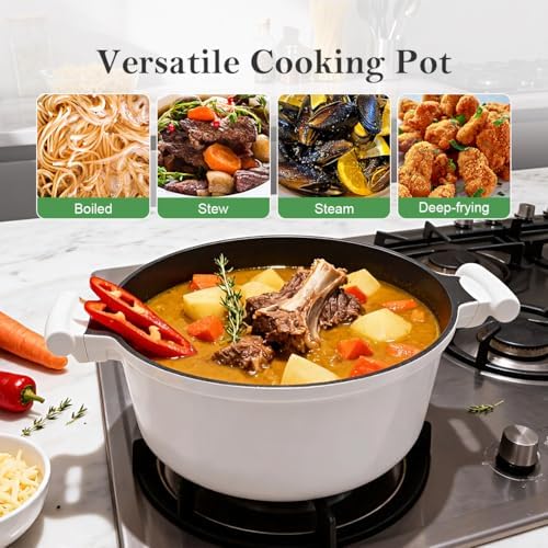 7 Qt Nonstick Stock Pot with Lid,Large Soup Pot with Stay-Cool Handle,White
