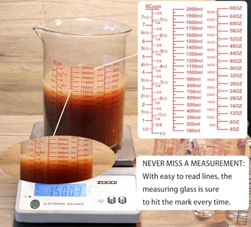 High Borosilicate Glass Measuring Cup-V-Shaped Spout，Glass Measuring Beaker for Kitchen or Restaurant, Easy to Read, 2000 ML (64 Oz, 8Cup)
