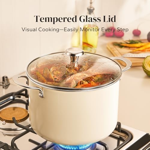 Redchef Ceramic Stock Pot with Lid, 8 Qt Soup Pot Nonstick for Family Cooking, Pasta Pot Large Induction Cooking Pot, Stay-Cool Handles, Even Heating, Oven/Dishwasher Safe, PFOA Free, Beige