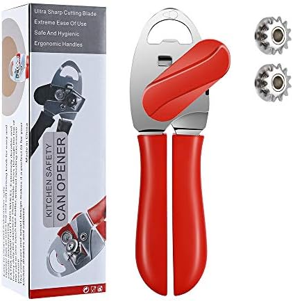 Can Opener Manual 4 in 1, Handheld Can Opener Bottle Opener Safe Cut and Smooth Edge with Ergonomic Grip Large Turn Knob Great for Seniors with Arthritis (Red)
