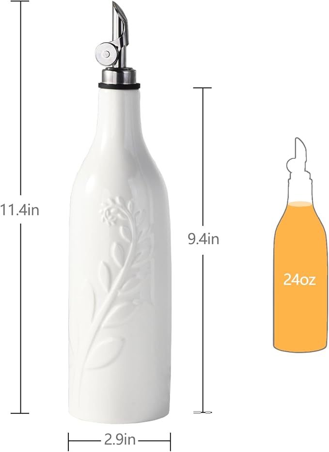 22 Oz Olive Oil Dispenser Bottle with Spout, Ceramic Large Oil Dispenser for Kitchen, Relief Oil Cruet Vinegar Container with Automatic Stainless Steel Pourer Suitable for Oil, Vinegar, Soy Sauce