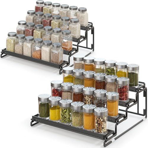 2 Pack Spice Rack Organizer for Cabinet, 4 Tier Black Seasoning Organizer Rack for Inside Cabinets, Countertop, Pantry Storage